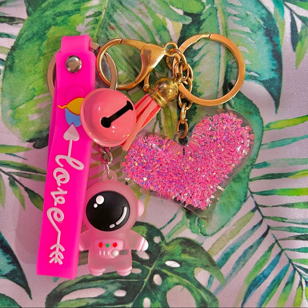 Pink Spaceman Glitter Keychain Set